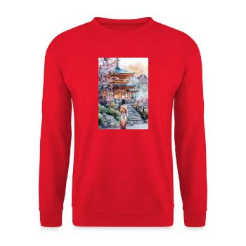 Kimono-Pagode und Kirschbäume - Unisex Pullover - Rot - Vorne - Alina (178cm) & Michal (187cm)
