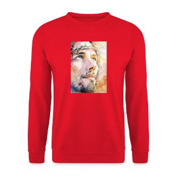 Heiliges Jesus-Porträt leuchtendes Aquarell - Unisex Pullover - Rot - Vorne - Alina (178cm) & Michal (187cm)