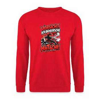 Vorsicht Ninja Hatschi - Unisex Pullover - Rot - Vorne - Alina (178cm) & Michal (187cm)