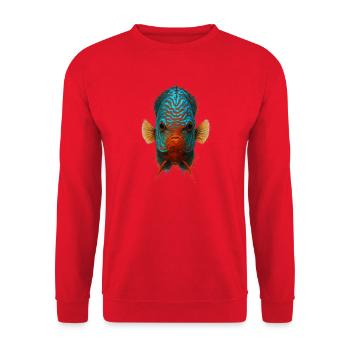 Blauer und oranger Diskusfisch mit intensiven Augen - Unisex Pullover - Rot - Vorne - Alina (178cm) & Michal (187cm)