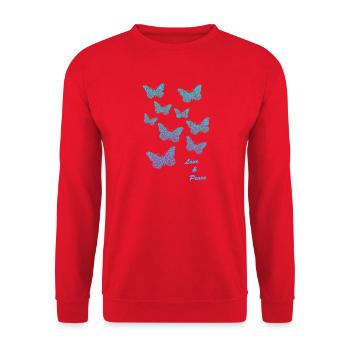 Schmetterlingsflut: Liebe und Frieden Butterflies - Unisex Pullover - Rot - Vorne - Alina (178cm) & Michal (187cm)