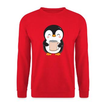 Cute Penguin Holding Coffee Cup - Adorable Design - Unisex Sweatshirt - red - Front - Alina (178cm) & Michal (187cm)