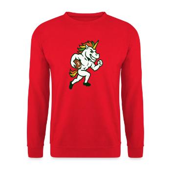 Unicorn Football Runner Maskottchen Power Design - Unisex Pullover - Rot - Vorne - Alina (178cm) & Michal (187cm)