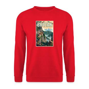 Erleben Sie die Berglandschaften Bhutans - Unisex Pullover - Rot - Vorne - Alina (178cm) & Michal (187cm)