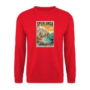 Erkunden Sie die italienische Strandstadt Sperlonga in Italien - Unisex Pullover - Rot - Vorne - Alina (178cm) & Michal (187cm)
