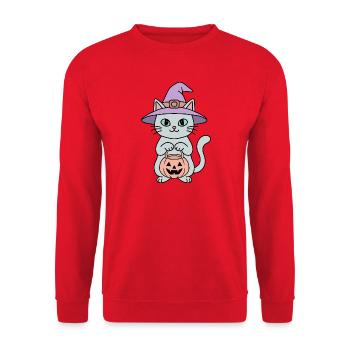 Kürbis-Halloween-Hexenkatze - Unisex Pullover - Rot - Vorne - Alina (178cm) & Michal (187cm)