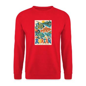 Entdecken Sie Roatán in Honduras: Retro-Karibik-Flucht - Unisex Pullover - Rot - Vorne - Alina (178cm) & Michal (187cm)