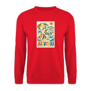 Erkunden Sie Aitutaki in der Retro-Lagune der Cookinseln - Unisex Pullover - Rot - Vorne - Alina (178cm) & Michal (187cm)
