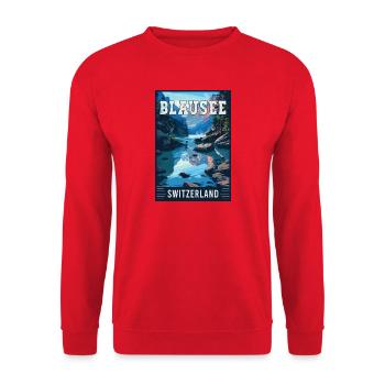 Erleben Sie die Serenity of Blausee in der Schweiz - Unisex Pullover - Rot - Vorne - Alina (178cm) & Michal (187cm)