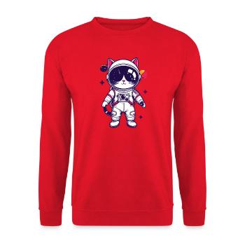 Weltraumkatze Katze im Astronautenanzug Motiv - Unisex Pullover - Rot - Vorne - Alina (178cm) & Michal (187cm)