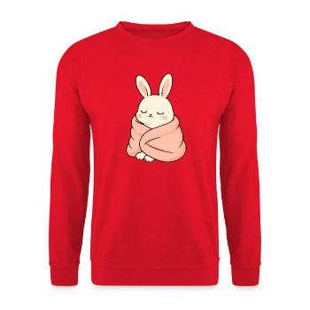 Schlafendes Häschen in Kuscheldecke - Unisex Pullover - Rot - Vorne - Alina (178cm) & Michal (187cm)