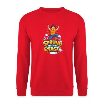Sprung in den Tag – fröhlicher Cartoon - Unisex Pullover - Rot - Vorne - Alina (178cm) & Michal (187cm)