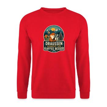 Le café est meilleur dehors – Camping-Fuchs - Sweat-shirt Unisexe - rouge - Devant - Alina (178cm) & Michal (187cm)