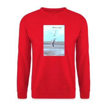 Wattvogel Möwe im Flug über das Wattenmeer - Unisex Pullover - Rot - Vorne - Alina (178cm) & Michal (187cm)