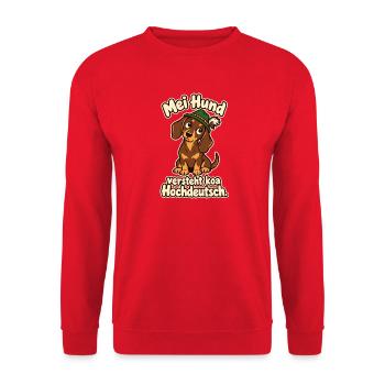 Mei Hund versteht koa Hochdeutsch - Unisex Pullover - Rot - Vorne - Alina (178cm) & Michal (187cm)