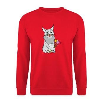 Katze mit Blumenstrauß - Unisex Pullover - Rot - Vorne - Alina (178cm) & Michal (187cm)