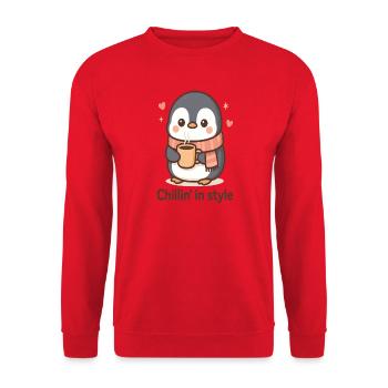 Niedlicher Pinguin mit Kaffee - Unisex Pullover - Rot - Vorne - Alina (178cm) & Michal (187cm)