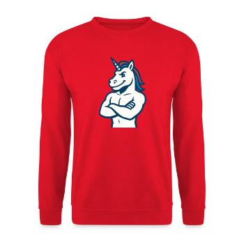 Selbstbewusstes Einhorn-Maskottchen Starkes Sportdesign - Unisex Pullover - Rot - Vorne - Alina (178cm) & Michal (187cm)