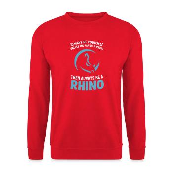 Sei immer du selbst, es sei denn, du kannst ein Nashorn sein. - Unisex Pullover - Rot - Vorne - Alina (178cm) & Michal (187cm)