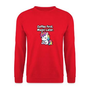 Coffee First, Magic Later Unicorn - Unisex Sweatshirt - red - Front - Alina (178cm) & Michal (187cm)