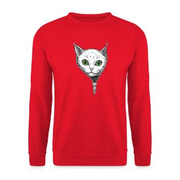 Kätzchen, das hinter einem offenen Sweatshirt hervorschaut - Unisex Pullover - Rot - Vorne - Alina (178cm) & Michal (187cm)