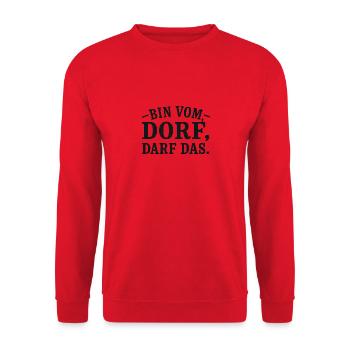 Bin vom Dorf – Darf das. | Lustiger Dorf-Spruch - Unisex Pullover - Rot - Vorne - Alina (178cm) & Michal (187cm)