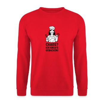 Kochkunst Illustration mit Chefkoch - Unisex Pullover - Rot - Vorne - Alina (178cm) & Michal (187cm)