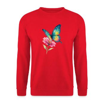 Bunter Schmetterling und Blüte - Unisex Pullover - Rot - Vorne - Alina (178cm) & Michal (187cm)