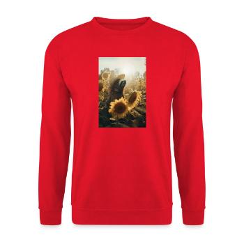 Faultier im Sonnenblumenfeld mit Hut, relax - Unisex Pullover - Rot - Vorne - Alina (178cm) & Michal (187cm)