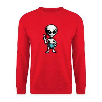 Kindermotiv: Alien Peace Zeichen Illustration - Unisex Pullover - Rot - Vorne - Alina (178cm) & Michal (187cm)