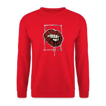 Rote Lippen Grafik Graphische Skizze - Unisex Pullover - Rot - Vorne - Alina (178cm) & Michal (187cm)