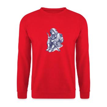 Wandernder Hüter mit Stab und Kapuze - Unisex Pullover - Rot - Vorne - Alina (178cm) & Michal (187cm)