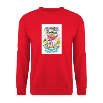 Mach mehr von dem, was dich zum Lächeln bringt - Unisex Pullover - Rot - Vorne - Alina (178cm) & Michal (187cm)