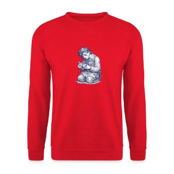 Kniender Handwerker | Handgemalte Zeichnung - Unisex Pullover - Rot - Vorne - Alina (178cm) & Michal (187cm)