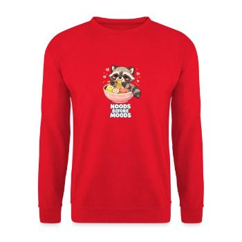 Noods Before Moods Raccoon - Unisex Pullover - Rot - Vorne - Alina (178cm) & Michal (187cm)