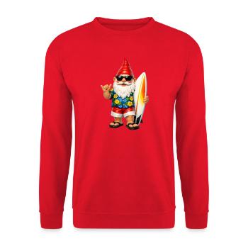 Cooler Gartenzwerg mit Surfbrett - Unisex Pullover - Rot - Vorne - Alina (178cm) & Michal (187cm)
