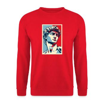 David Michelangelo in Pop Art: Blau-Rot-Porträt - Unisex Pullover - Rot - Vorne - Alina (178cm) & Michal (187cm)