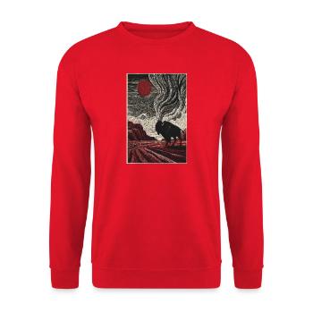 Bison unter purpurroter Sonne in geätzter Landschaft - Unisex Pullover - Rot - Vorne - Alina (178cm) & Michal (187cm)