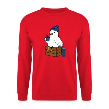 Möwe im Winterstil Kaffeepause - Unisex Pullover - Rot - Vorne - Alina (178cm) & Michal (187cm)