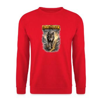 Unbeugsam - Schritt für Schritt/Wolf Motiv - Unisex Pullover - Rot - Vorne - Alina (178cm) & Michal (187cm)