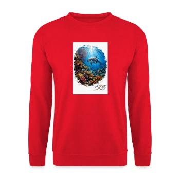 Unterwasser-Delfinenszene im Korallenwald - Unisex Pullover - Rot - Vorne - Alina (178cm) & Michal (187cm)