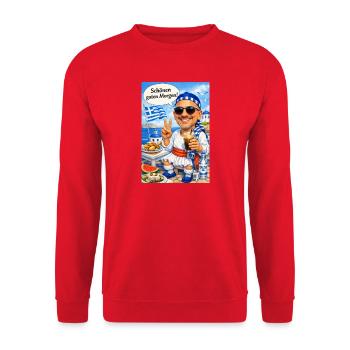 Hellas Morgengruß am Strand - Unisex Pullover - Rot - Vorne - Alina (178cm) & Michal (187cm)