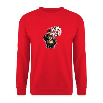 Hi, nice to breed you! TOF-Design, Sprechblase - Unisex Pullover - Rot - Vorne - Alina (178cm) & Michal (187cm)
