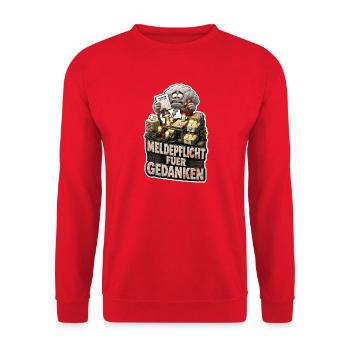 Gedankenmeldung Kopfchaos Büro Humor Spruch Motiv - Unisex Pullover - Rot - Vorne - Alina (178cm) & Michal (187cm)