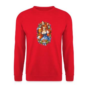 Füchsin im Dirndl mit Bier und Brezel - Unisex Pullover - Rot - Vorne - Alina (178cm) & Michal (187cm)