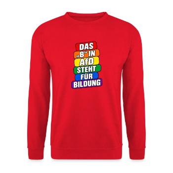 Das B in AfD steht für Bildung – Satire - Unisex Pullover - Rot - Vorne - Alina (178cm) & Michal (187cm)