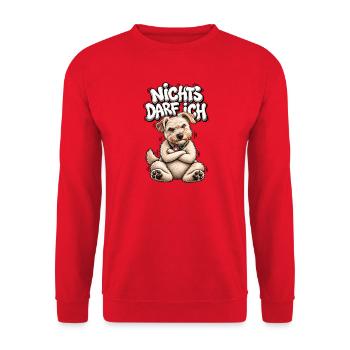 Nichts Darf Ich Hund – freches Motiv - Unisex Pullover - Rot - Vorne - Alina (178cm) & Michal (187cm)