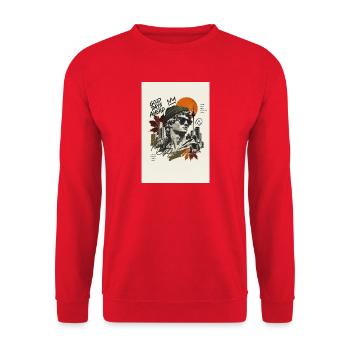 Antike Statue trifft hippe Stadtcollage - Unisex Pullover - Rot - Vorne - Alina (178cm) & Michal (187cm)