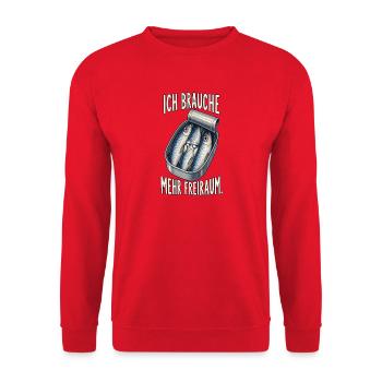 Ich brauche mehr Freiraum – Sardinen - Unisex Pullover - Rot - Vorne - Alina (178cm) & Michal (187cm)