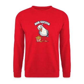 Nur gucken – Möwe mit Pommes - Unisex Pullover - Rot - Vorne - Alina (178cm) & Michal (187cm)